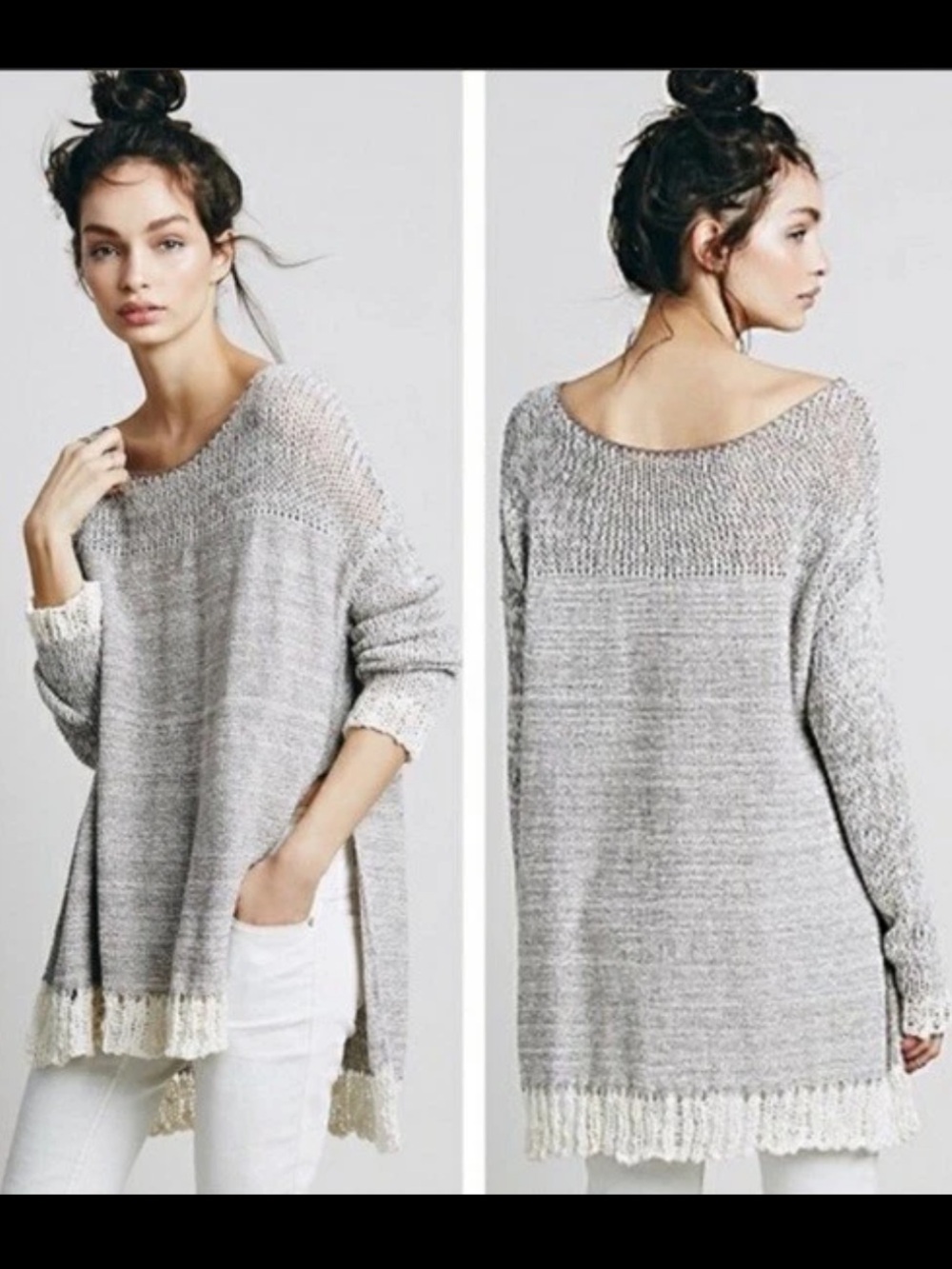 Free People Haiku Open Knit Pullover Sweater Gray XS Boho Oversized Tunic